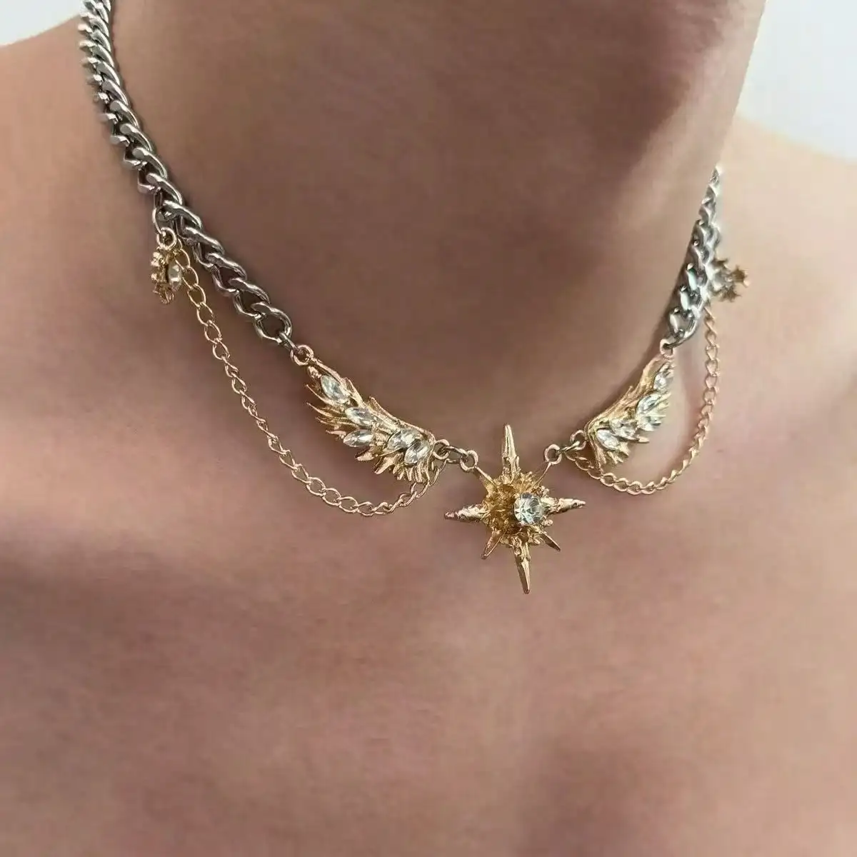 Men Accessories Neck Chain - 고딕 펑크 골드 컬러 날개 별